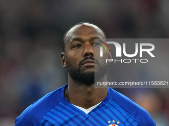 Kévin Théophile-Catherine of GNK Dinamo  looks on  during the Champions League Round 1 match between Bayern Munich v Dinamo Zagreb, at the A...