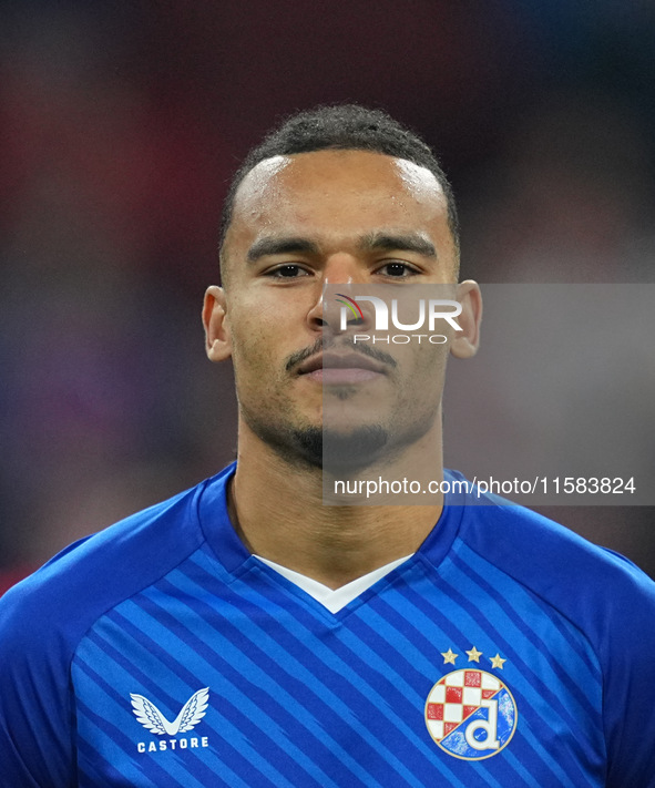 Samy Mmaee of GNK Dinamo  looks on  during the Champions League Round 1 match between Bayern Munich v Dinamo Zagreb, at the Allianz Arena, i...