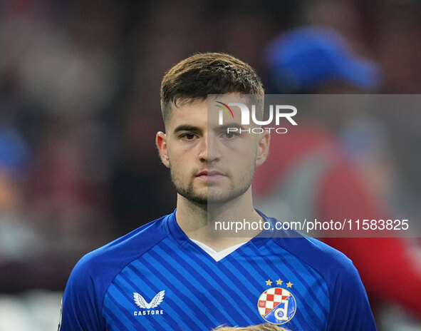 Martin Baturina of GNK Dinamo  looks on  during the Champions League Round 1 match between Bayern Munich v Dinamo Zagreb, at the Allianz Are...