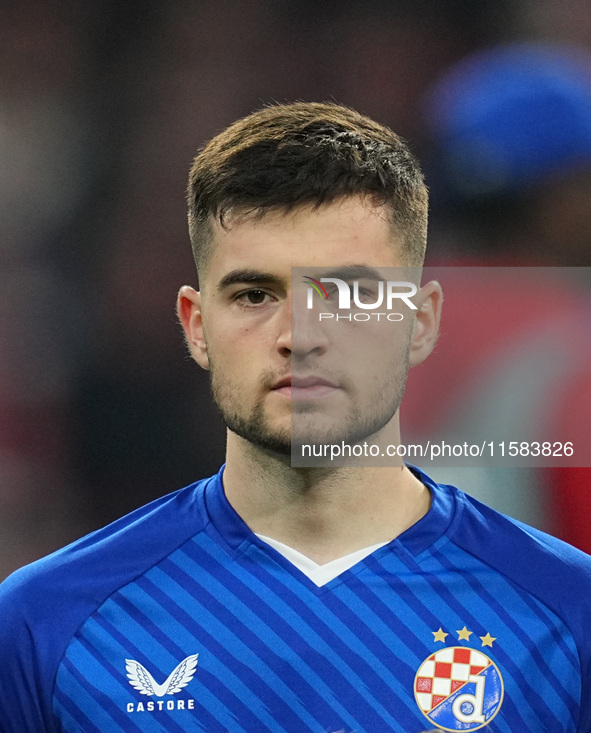 Martin Baturina of GNK Dinamo  looks on  during the Champions League Round 1 match between Bayern Munich v Dinamo Zagreb, at the Allianz Are...