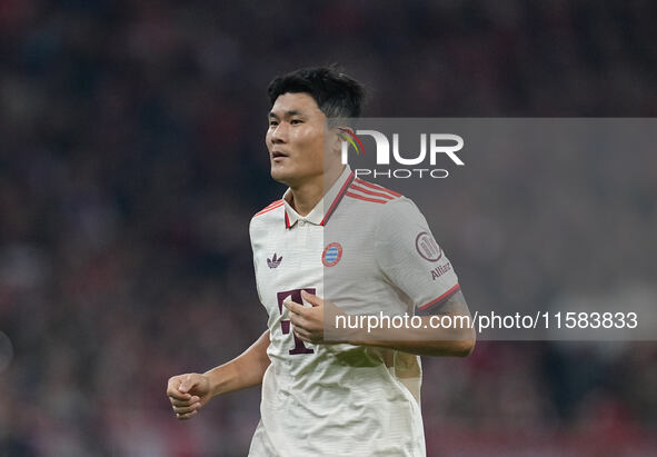 Minjae Kim of Bayern Munich  looks on  during the Champions League Round 1 match between Bayern Munich v Dinamo Zagreb, at the Allianz Arena...