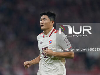 Minjae Kim of Bayern Munich  looks on  during the Champions League Round 1 match between Bayern Munich v Dinamo Zagreb, at the Allianz Arena...