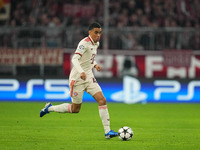 Jamal Musiala of Bayern Munich  controls the ball  during the Champions League Round 1 match between Bayern Munich v Dinamo Zagreb, at the A...