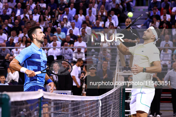 Bulgaria's Grigor Dimitrov plays during his tennis gala match against Serbia's Novak Djokovic at Arena Sofia hall in Sofia, Bulgaria, on Sep...