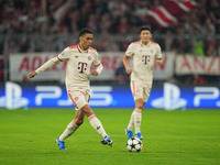 Jamal Musiala of Bayern Munich  controls the ball  during the Champions League Round 1 match between Bayern Munich v Dinamo Zagreb, at the A...