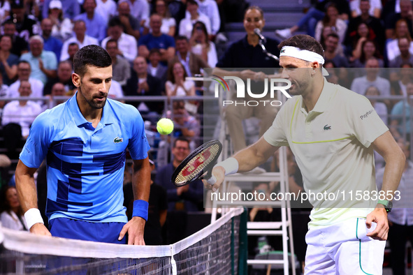 Bulgaria's Grigor Dimitrov plays during his tennis gala match against Serbia's Novak Djokovic at Arena Sofia hall in Sofia, Bulgaria, on Sep...