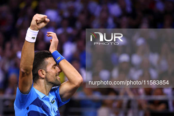 Serbia's Novak Djokovic reacts during his tennis gala match against Bulgaria's Grigor Dimitrov in Sofia, Bulgaria, on September 17, 2024. 