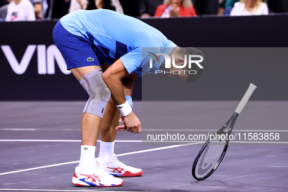 Serbia's Novak Djokovic reacts during his tennis gala match against Bulgaria's Grigor Dimitrov in Sofia, Bulgaria, on September 17, 2024. 