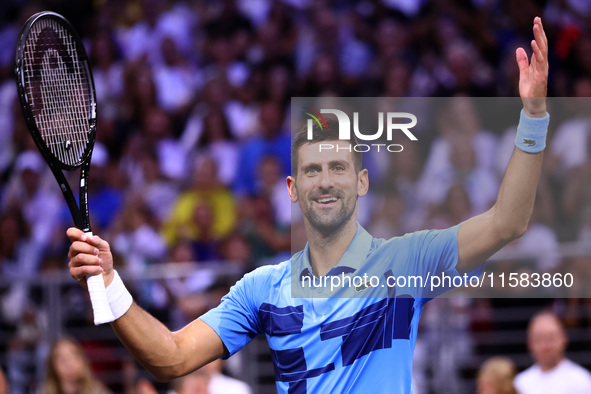 Serbia's Novak Djokovic reacts during his tennis gala match against Bulgaria's Grigor Dimitrov in Sofia, Bulgaria, on September 17, 2024. 