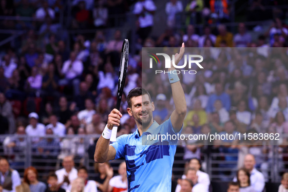 Serbia's Novak Djokovic reacts during his tennis gala match against Bulgaria's Grigor Dimitrov in Sofia, Bulgaria, on September 17, 2024. 