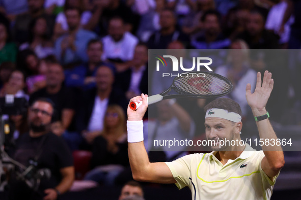 Bulgaria's Grigor Dimitrov reacts during his tennis gala match against Serbia's Novak Djokovic in Sofia, Bulgaria, on September 17, 2024. 