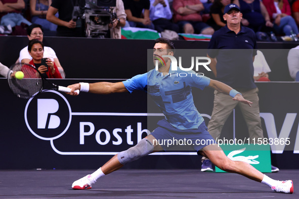 Serbia's Novak Djokovic plays during his tennis gala match against Bulgaria's Grigor Dimitrov at Arena Sofia hall in Sofia, Bulgaria, on Sep...