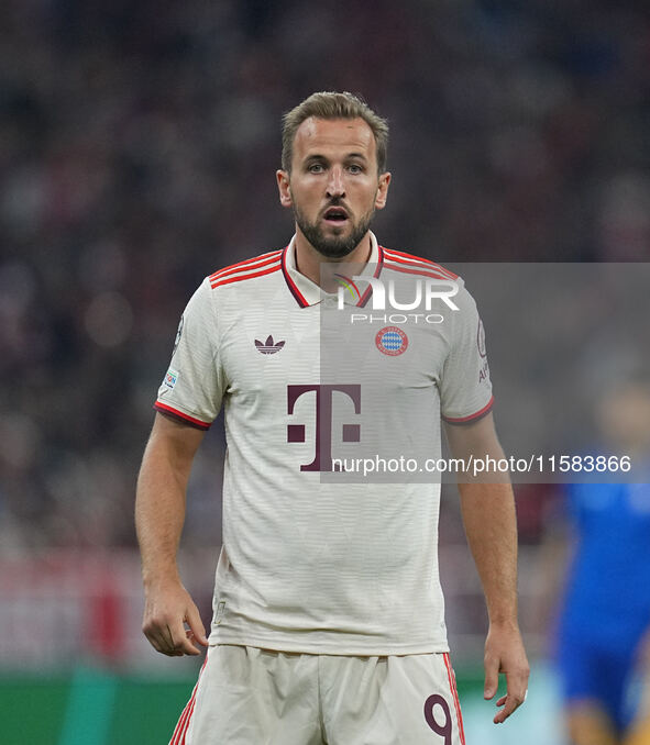 Harry Kane of Bayern Munich  looks on  during the Champions League Round 1 match between Bayern Munich v Dinamo Zagreb, at the Allianz Arena...