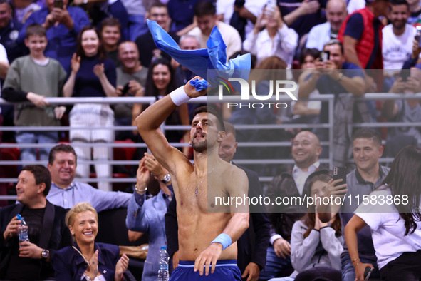 Serbia's Novak Djokovic reacts during his tennis gala match against Bulgaria's Grigor Dimitrov in Sofia, Bulgaria, on September 17, 2024. 