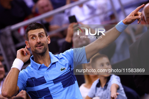 Serbia's Novak Djokovic reacts during his tennis gala match against Bulgaria's Grigor Dimitrov in Sofia, Bulgaria, on September 17, 2024. 