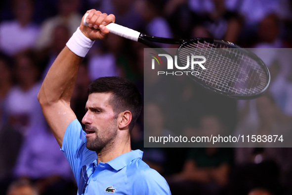 Serbia's Novak Djokovic plays during his tennis gala match against Bulgaria's Grigor Dimitrov at Arena Sofia hall in Sofia, Bulgaria, on Sep...