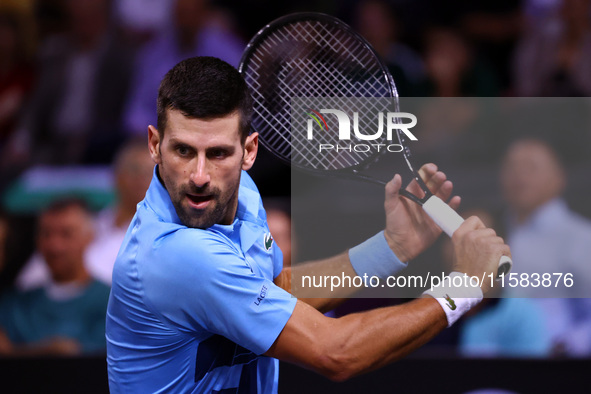 Serbia's Novak Djokovic plays during his tennis gala match against Bulgaria's Grigor Dimitrov at Arena Sofia hall in Sofia, Bulgaria, on Sep...