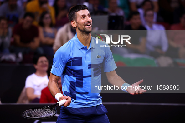 Serbia's Novak Djokovic reacts during his tennis gala match against Bulgaria's Grigor Dimitrov in Sofia, Bulgaria, on September 17, 2024. 