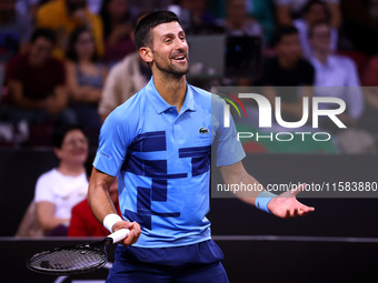 Serbia's Novak Djokovic reacts during his tennis gala match against Bulgaria's Grigor Dimitrov in Sofia, Bulgaria, on September 17, 2024. (