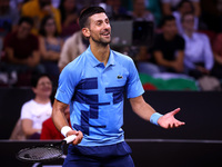 Serbia's Novak Djokovic reacts during his tennis gala match against Bulgaria's Grigor Dimitrov in Sofia, Bulgaria, on September 17, 2024. (