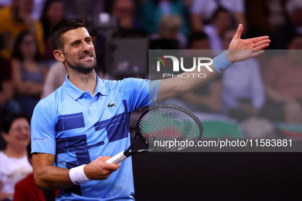 Serbia's Novak Djokovic reacts during his tennis gala match against Bulgaria's Grigor Dimitrov in Sofia, Bulgaria, on September 17, 2024. 