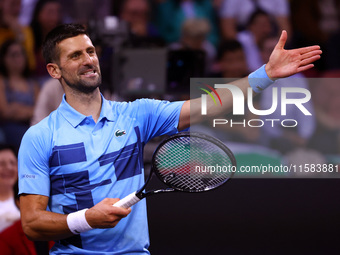 Serbia's Novak Djokovic reacts during his tennis gala match against Bulgaria's Grigor Dimitrov in Sofia, Bulgaria, on September 17, 2024. (