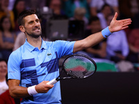 Serbia's Novak Djokovic reacts during his tennis gala match against Bulgaria's Grigor Dimitrov in Sofia, Bulgaria, on September 17, 2024. (