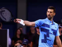 Serbia's Novak Djokovic reacts during his tennis gala match against Bulgaria's Grigor Dimitrov in Sofia, Bulgaria, on September 17, 2024. (