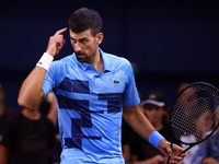 Serbia's Novak Djokovic reacts during his tennis gala match against Bulgaria's Grigor Dimitrov in Sofia, Bulgaria, on September 17, 2024. (