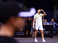 Bulgaria's Grigor Dimitrov plays during his tennis gala match against Serbia's Novak Djokovic at Arena Sofia hall in Sofia, Bulgaria, on Sep...