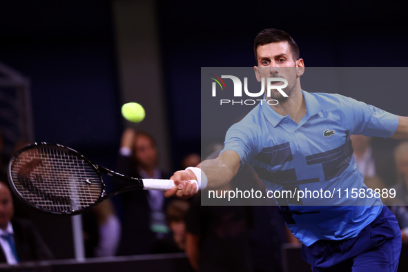 Serbia's Novak Djokovic plays during his tennis gala match against Bulgaria's Grigor Dimitrov at Arena Sofia hall in Sofia, Bulgaria, on Sep...