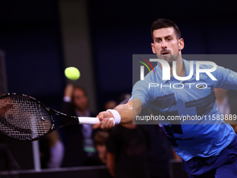 Serbia's Novak Djokovic plays during his tennis gala match against Bulgaria's Grigor Dimitrov at Arena Sofia hall in Sofia, Bulgaria, on Sep...