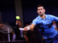 Serbia's Novak Djokovic plays during his tennis gala match against Bulgaria's Grigor Dimitrov at Arena Sofia hall in Sofia, Bulgaria, on Sep...