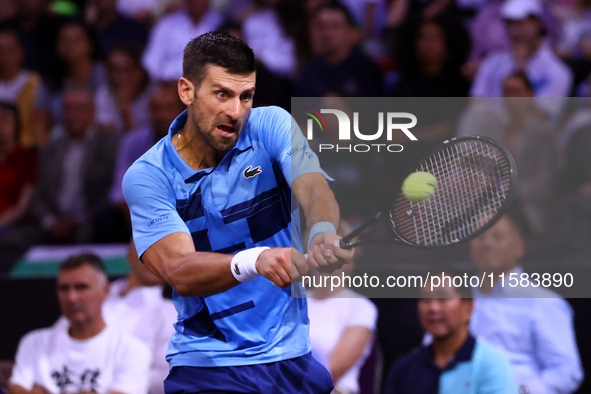 Serbia's Novak Djokovic plays during his tennis gala match against Bulgaria's Grigor Dimitrov at Arena Sofia hall in Sofia, Bulgaria, on Sep...