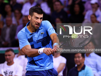 Serbia's Novak Djokovic plays during his tennis gala match against Bulgaria's Grigor Dimitrov at Arena Sofia hall in Sofia, Bulgaria, on Sep...