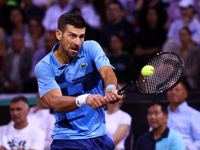 Serbia's Novak Djokovic plays during his tennis gala match against Bulgaria's Grigor Dimitrov at Arena Sofia hall in Sofia, Bulgaria, on Sep...