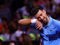 Serbia's Novak Djokovic reacts during his tennis gala match against Bulgaria's Grigor Dimitrov in Sofia, Bulgaria, on September 17, 2024. (