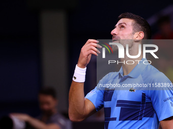 Serbia's Novak Djokovic reacts during his tennis gala match against Bulgaria's Grigor Dimitrov in Sofia, Bulgaria, on September 17, 2024. (