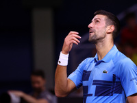 Serbia's Novak Djokovic reacts during his tennis gala match against Bulgaria's Grigor Dimitrov in Sofia, Bulgaria, on September 17, 2024. (