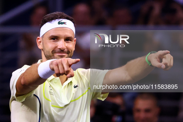 Bulgaria's Grigor Dimitrov reacts during his tennis gala match against Serbia's Novak Djokovic in Sofia, Bulgaria, on September 17, 2024. 