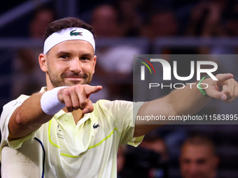 Bulgaria's Grigor Dimitrov reacts during his tennis gala match against Serbia's Novak Djokovic in Sofia, Bulgaria, on September 17, 2024. (