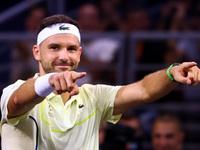 Bulgaria's Grigor Dimitrov reacts during his tennis gala match against Serbia's Novak Djokovic in Sofia, Bulgaria, on September 17, 2024. (