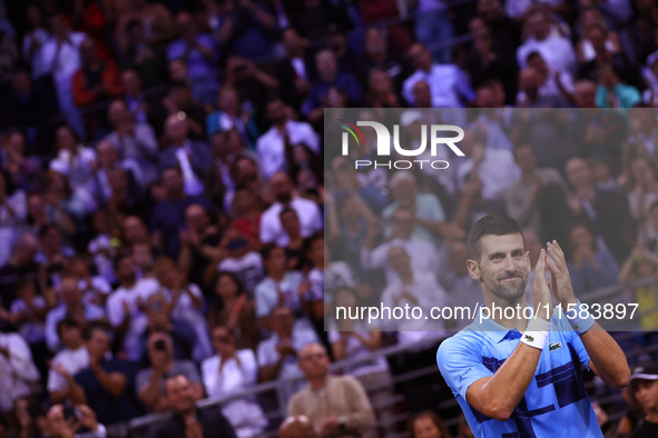 Serbia's Novak Djokovic reacts after his tennis gala match against Bulgaria's Grigor Dimitrov in Sofia, Bulgaria, on September 17, 2024. 