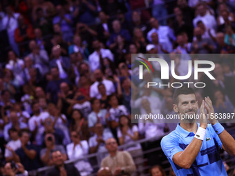 Serbia's Novak Djokovic reacts after his tennis gala match against Bulgaria's Grigor Dimitrov in Sofia, Bulgaria, on September 17, 2024. (