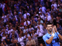 Serbia's Novak Djokovic reacts after his tennis gala match against Bulgaria's Grigor Dimitrov in Sofia, Bulgaria, on September 17, 2024. (