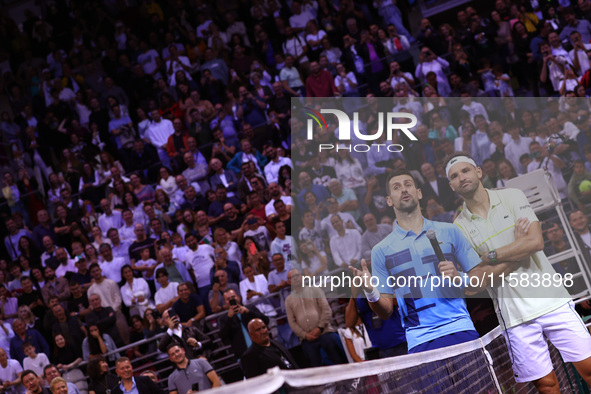 Serbia's Novak Djokovic reacts after his tennis gala match against Bulgaria's Grigor Dimitrov in Sofia, Bulgaria, on September 17, 2024. 