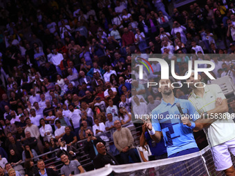 Serbia's Novak Djokovic reacts after his tennis gala match against Bulgaria's Grigor Dimitrov in Sofia, Bulgaria, on September 17, 2024. (