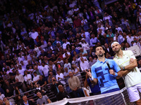 Serbia's Novak Djokovic reacts after his tennis gala match against Bulgaria's Grigor Dimitrov in Sofia, Bulgaria, on September 17, 2024. (