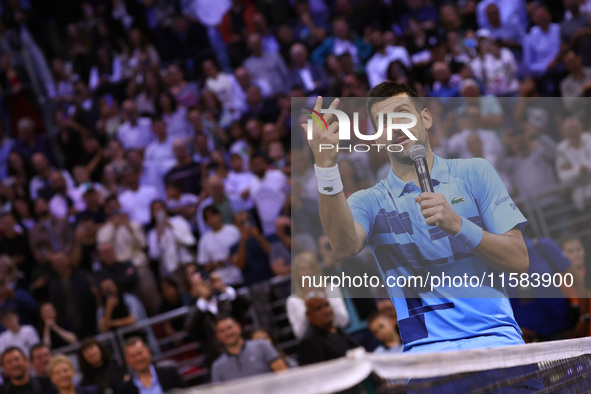 Serbia's Novak Djokovic reacts after his tennis gala match against Bulgaria's Grigor Dimitrov in Sofia, Bulgaria, on September 17, 2024. 