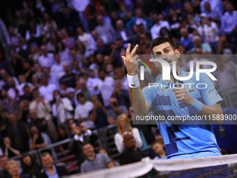 Serbia's Novak Djokovic reacts after his tennis gala match against Bulgaria's Grigor Dimitrov in Sofia, Bulgaria, on September 17, 2024. (